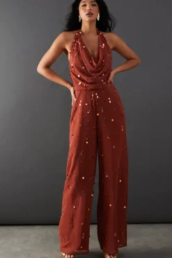 Hand Embellished Sequin Drop Bead Cowl Neck Jumpsuit