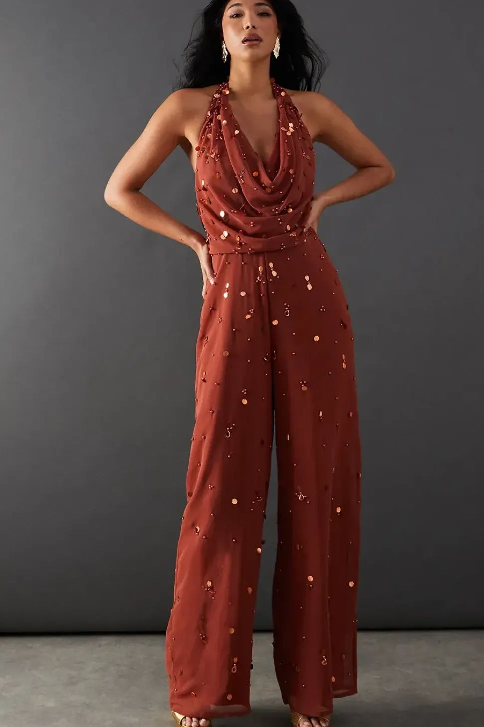 Hand Embellished Sequin Drop Bead Cowl Neck Jumpsuit