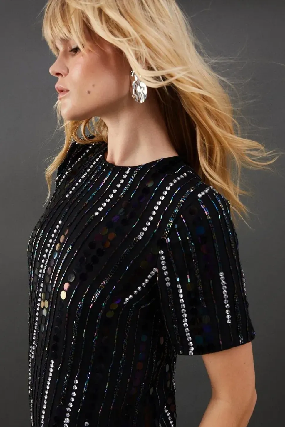 Hand Embellished Sequin Fluffy Hem Tshirt Mini Dress