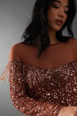 Hand Embellished Sequin Fringe Yoke Mini Dress