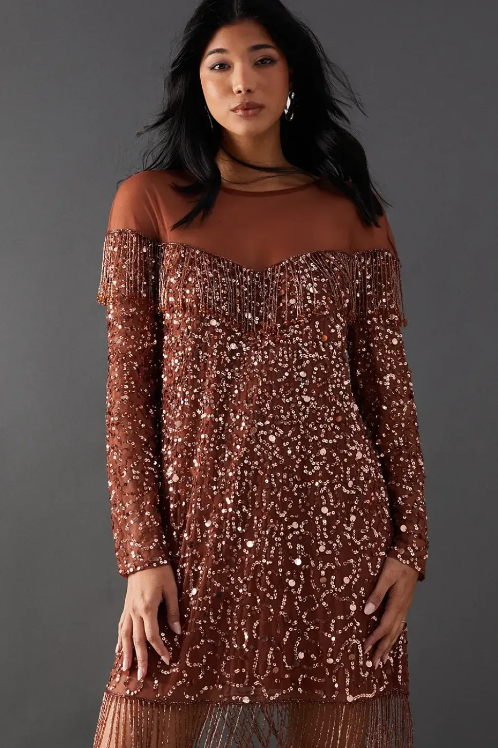 Hand Embellished Sequin Fringe Yoke Mini Dress