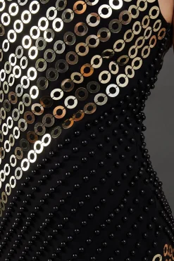 Hand Embellished Sequin Panelled Slash Neck Mini Dress