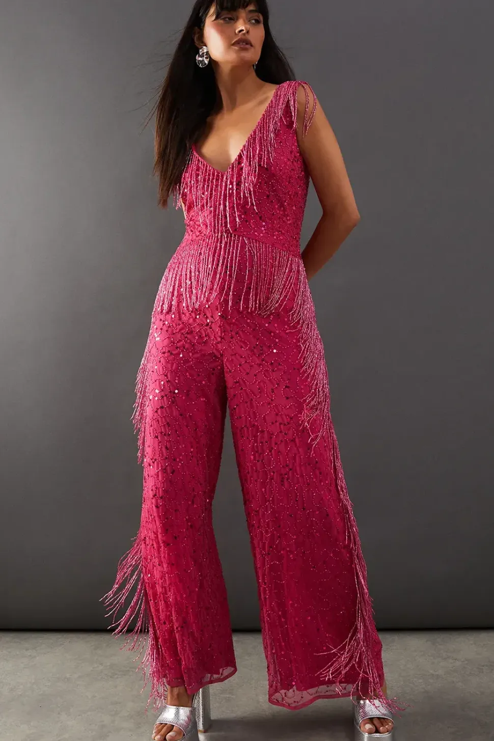 Hand Embellished Sequin Plunge Neck Fringe Jumpsuit