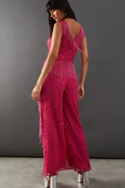 Hand Embellished Sequin Plunge Neck Fringe Jumpsuit