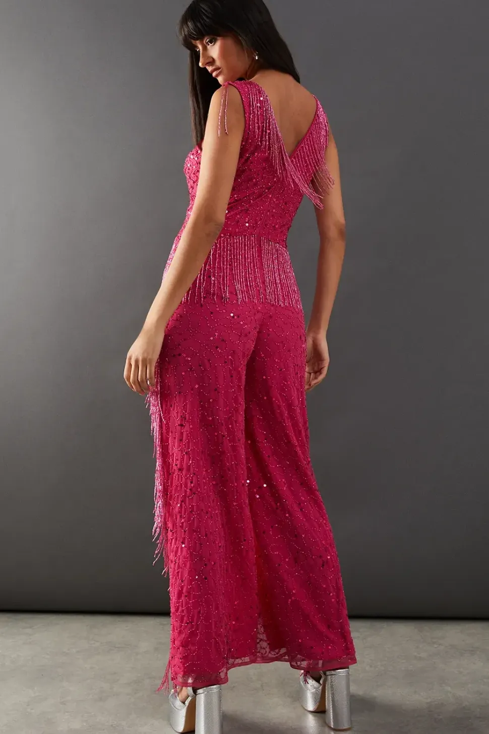 Hand Embellished Sequin Plunge Neck Fringe Jumpsuit
