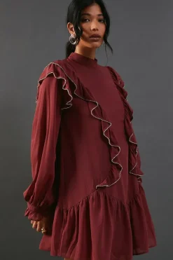 Hand Embellished Sequin Ruffle Mini Smock Dress