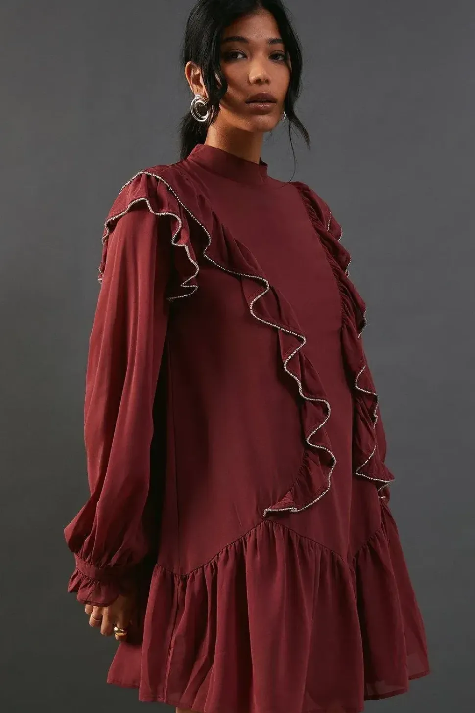 Hand Embellished Sequin Ruffle Mini Smock Dress