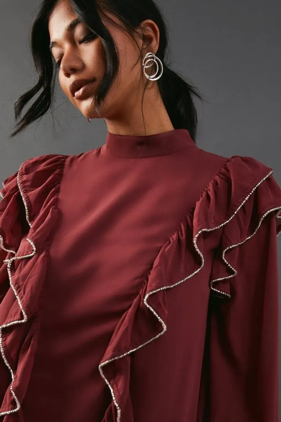Hand Embellished Sequin Ruffle Mini Smock Dress