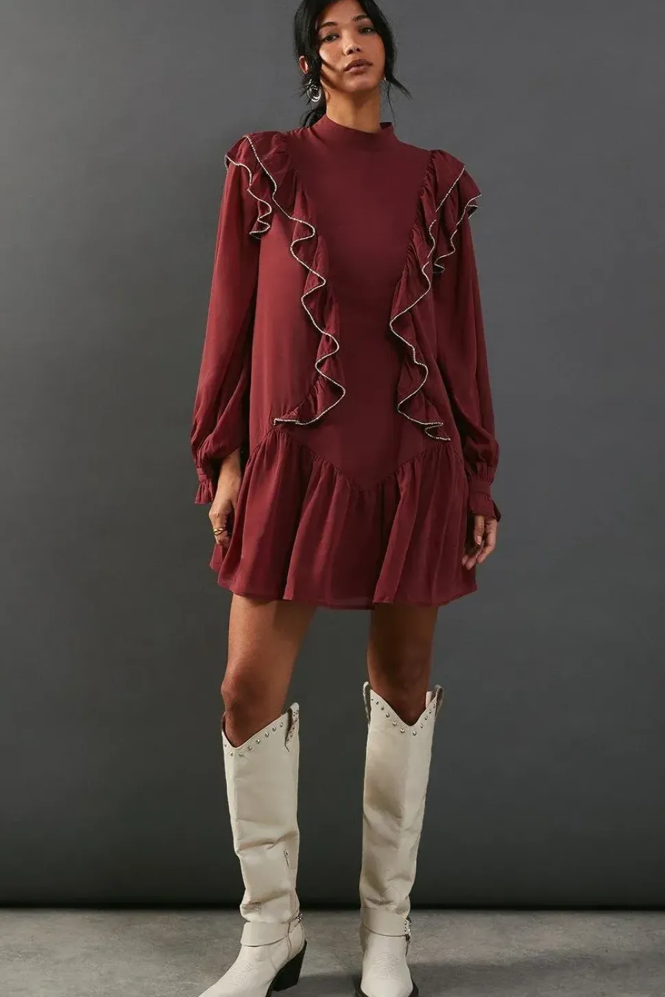 Hand Embellished Sequin Ruffle Mini Smock Dress