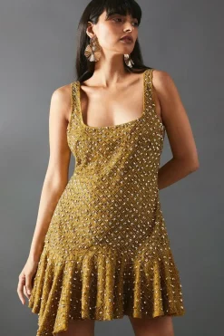 Hand Embellished Sequin Square Neck Flippy Mini Dress