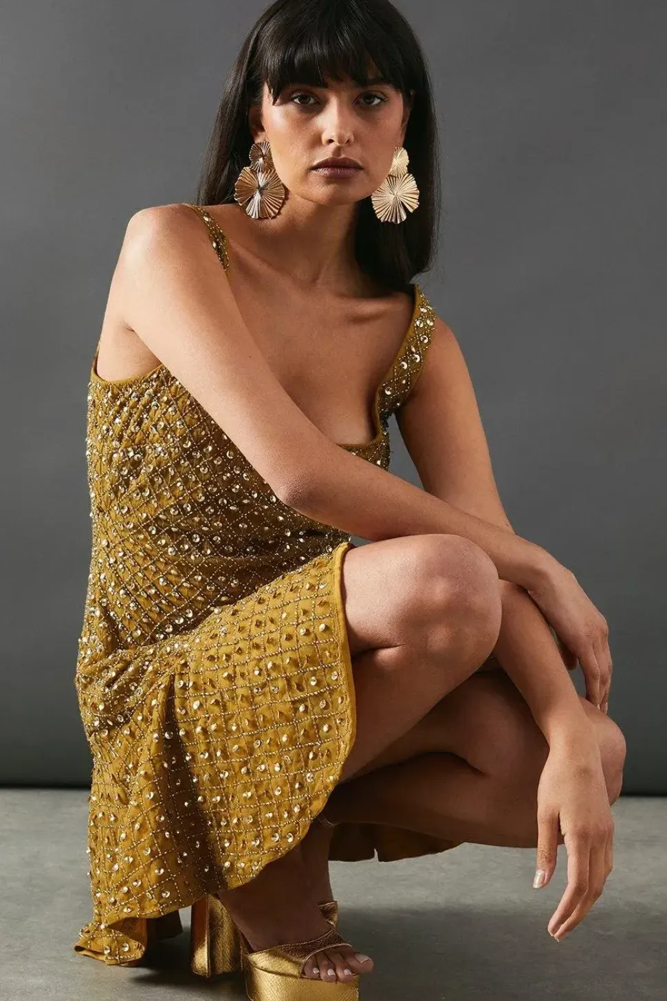 Hand Embellished Sequin Square Neck Flippy Mini Dress