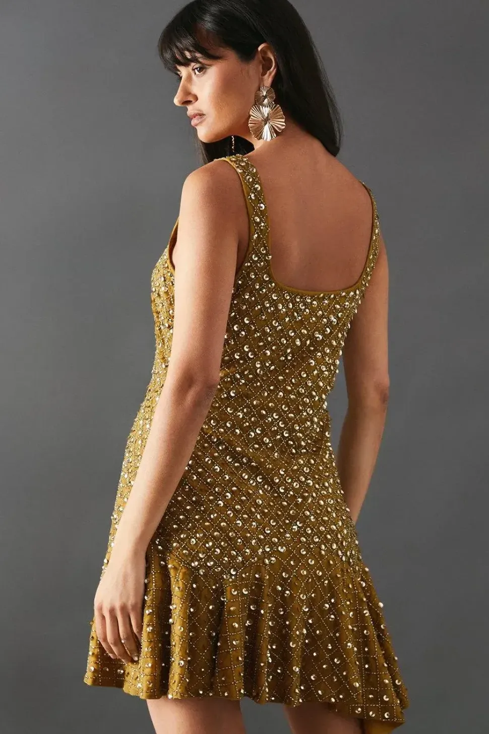 Hand Embellished Sequin Square Neck Flippy Mini Dress