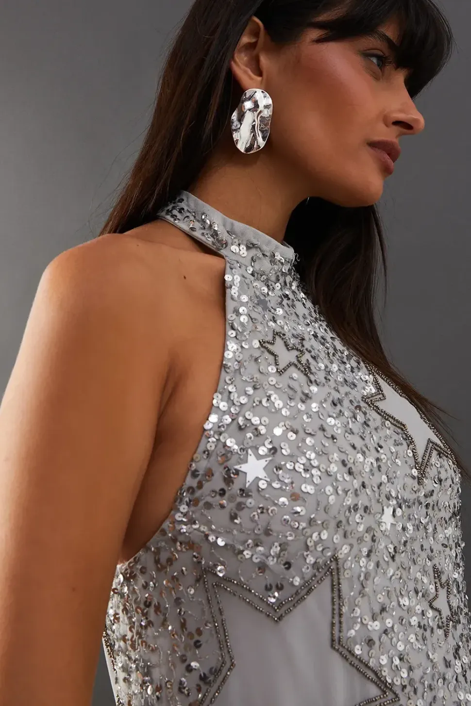 Hand Embellished Sequin Star Cut Out Halter Mini Dress
