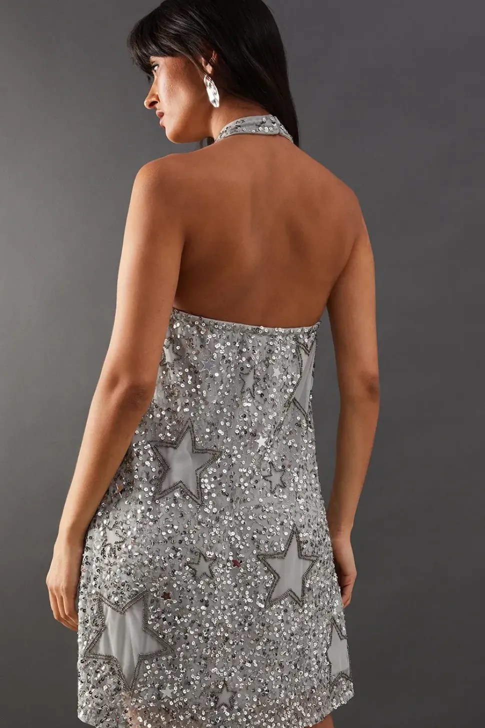 Hand Embellished Sequin Star Cut Out Halter Mini Dress