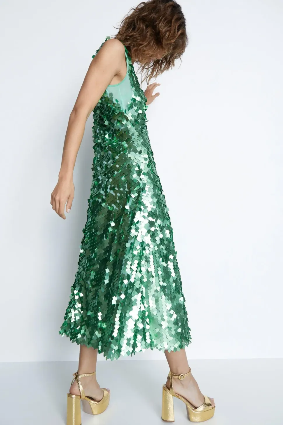 Hand Embellished Sequin V Neck Midi Dress