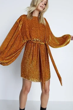 Hand Sequined Belted Mini Dress