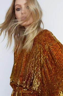 Hand Sequined Belted Mini Dress