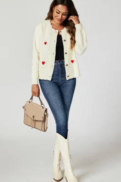 Heart Embroidered Knitted Cardigan In Cream