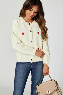 Heart Embroidered Knitted Cardigan In Cream