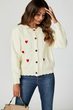 Heart Embroidered Knitted Cardigan In Cream