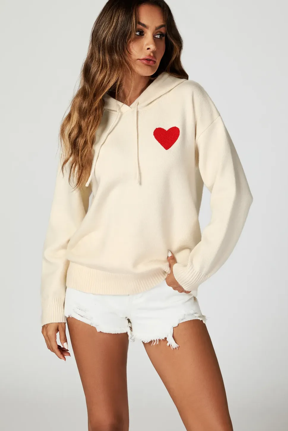 Heart Embroidery Knitted Hoodie In Cream