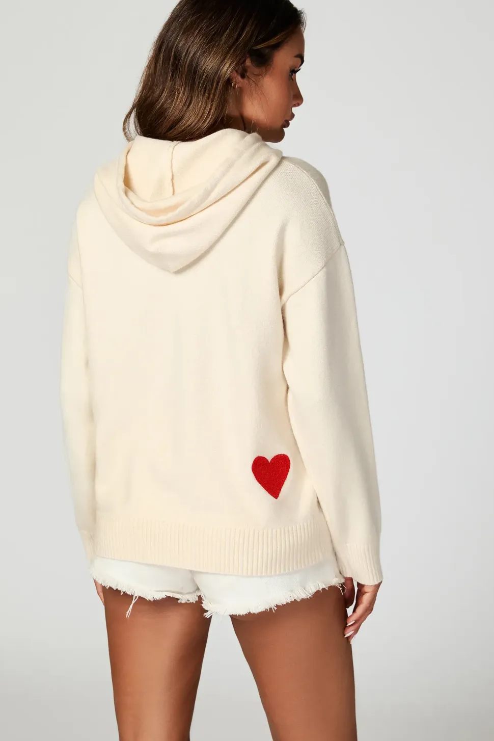 Heart Embroidery Knitted Hoodie In Cream