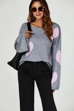 Heart Patten Wide Sleeve Oversize Jumper In Light Grey