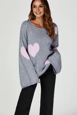 Heart Patten Wide Sleeve Oversize Jumper In Light Grey