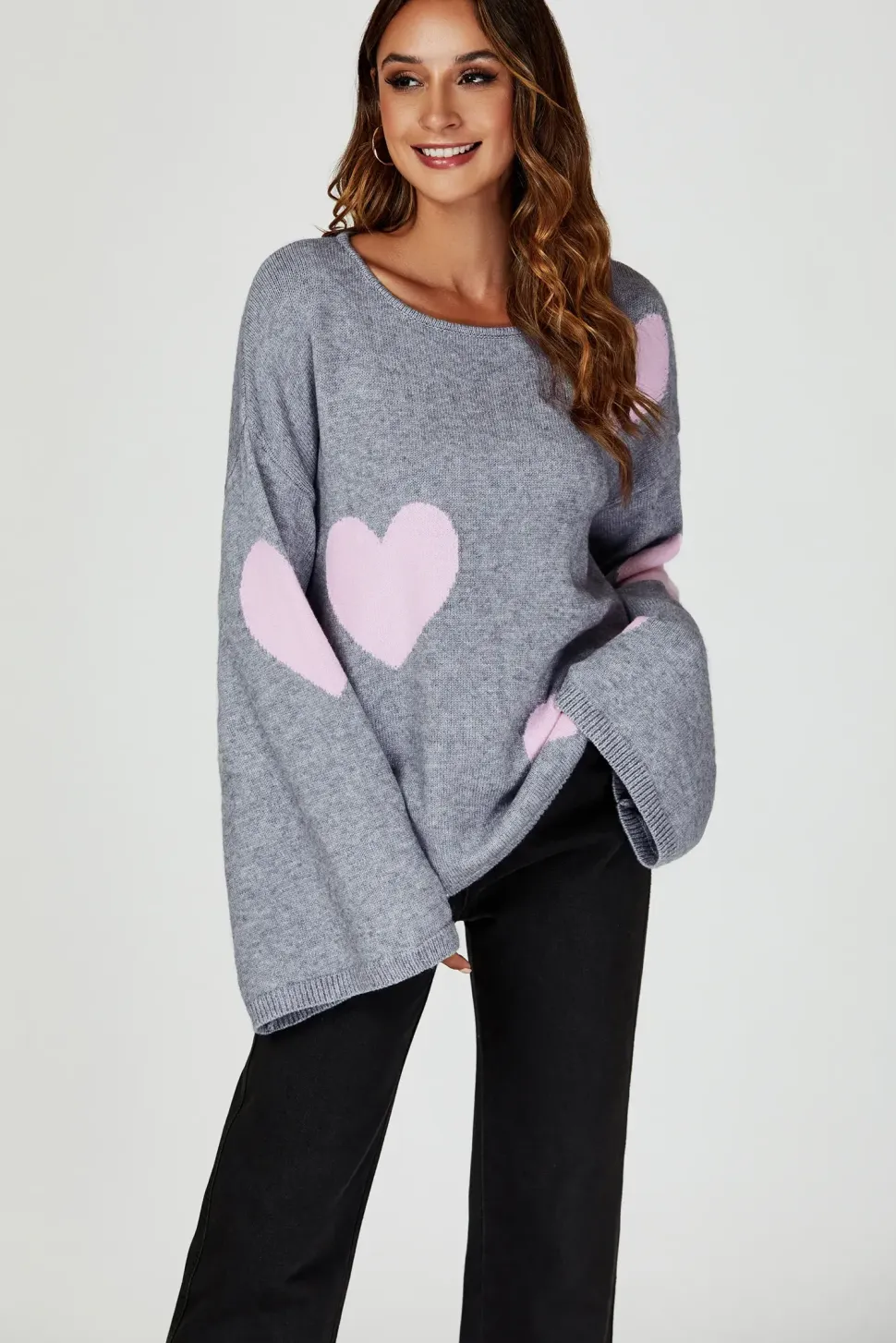 Heart Patten Wide Sleeve Oversize Jumper In Light Grey