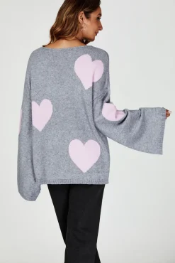 Heart Patten Wide Sleeve Oversize Jumper In Light Grey