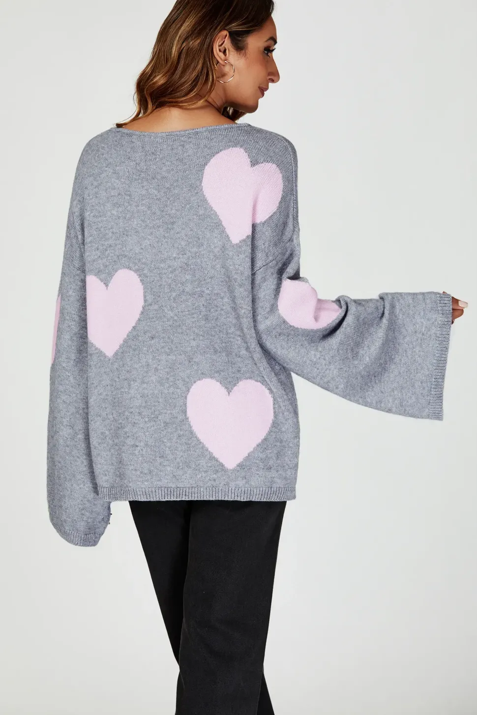 Heart Patten Wide Sleeve Oversize Jumper In Light Grey