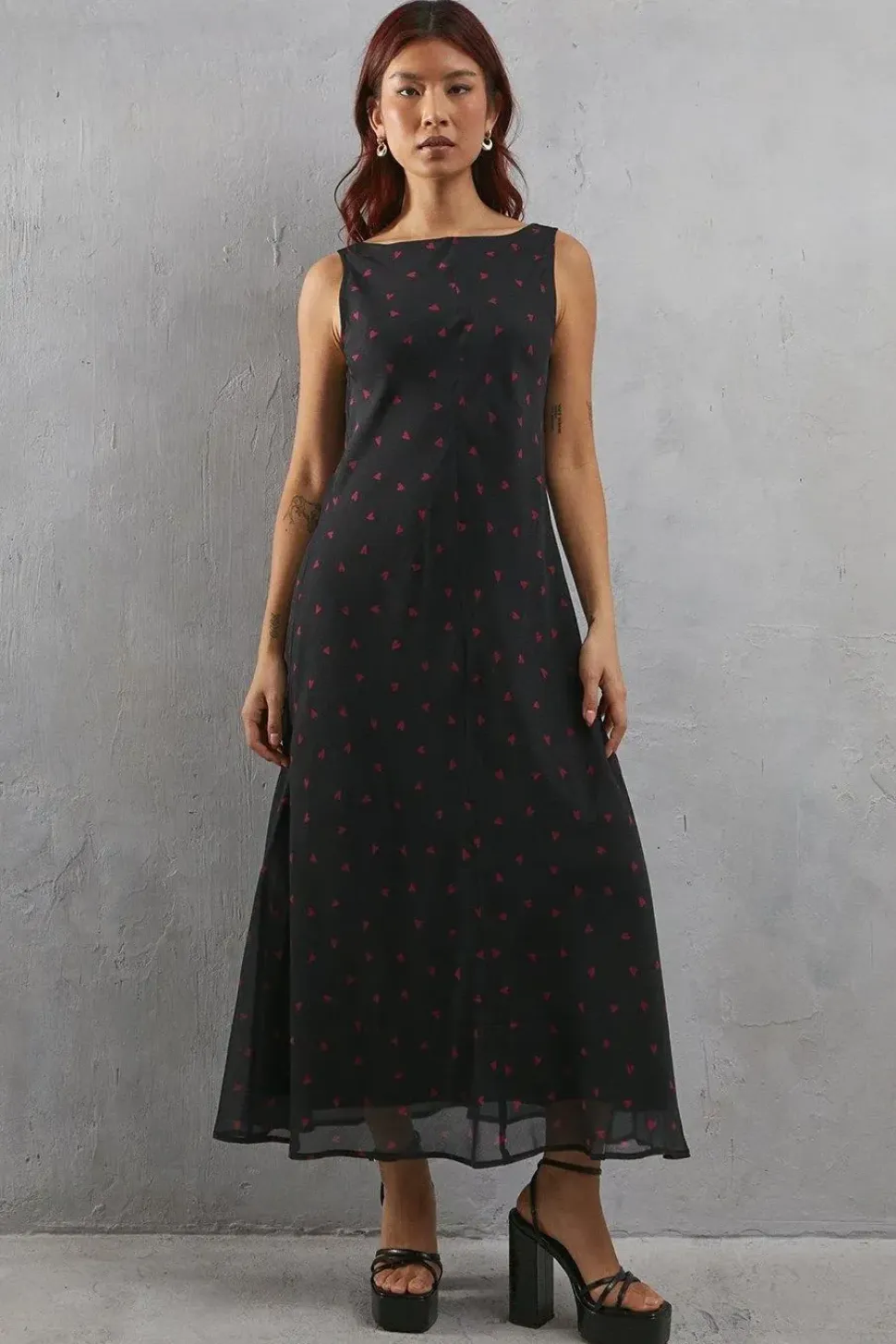 Heart Print Chiffon Slash Neck Bias Sleeveless Midi Dress