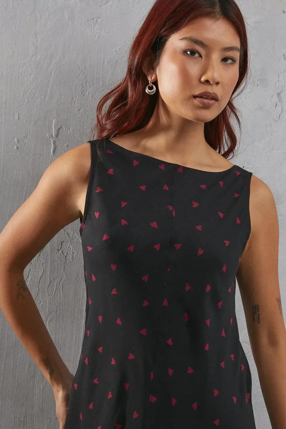 Heart Print Chiffon Slash Neck Bias Sleeveless Midi Dress