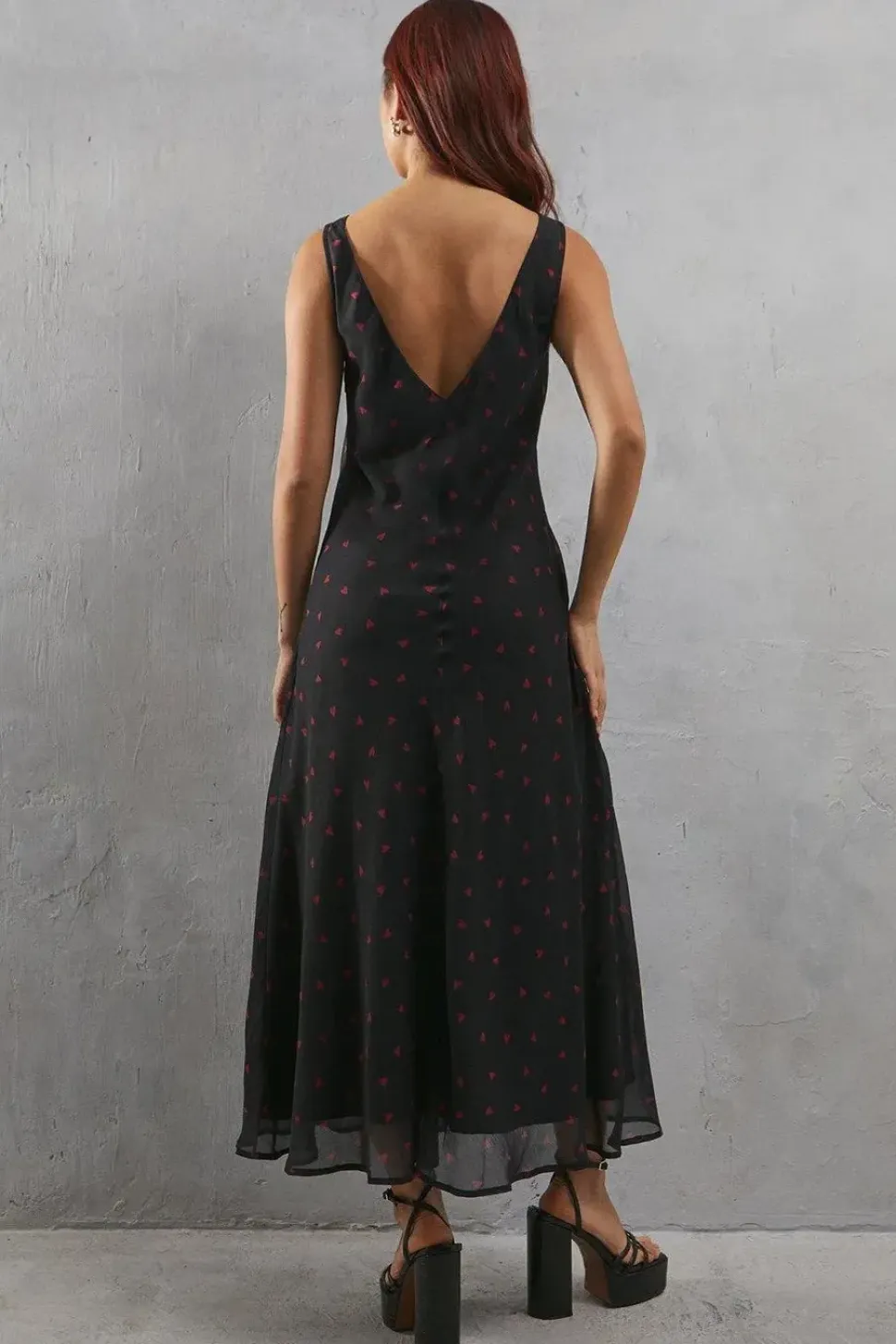 Heart Print Chiffon Slash Neck Bias Sleeveless Midi Dress
