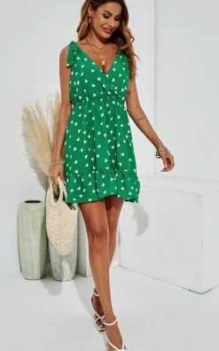 Heart Print Strappy Bardot Mini Dress In Green