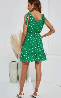 Heart Print Strappy Bardot Mini Dress In Green