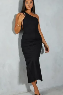 Heavyweight Linen Look Asymmetric Cut Out Back Maxi Dress