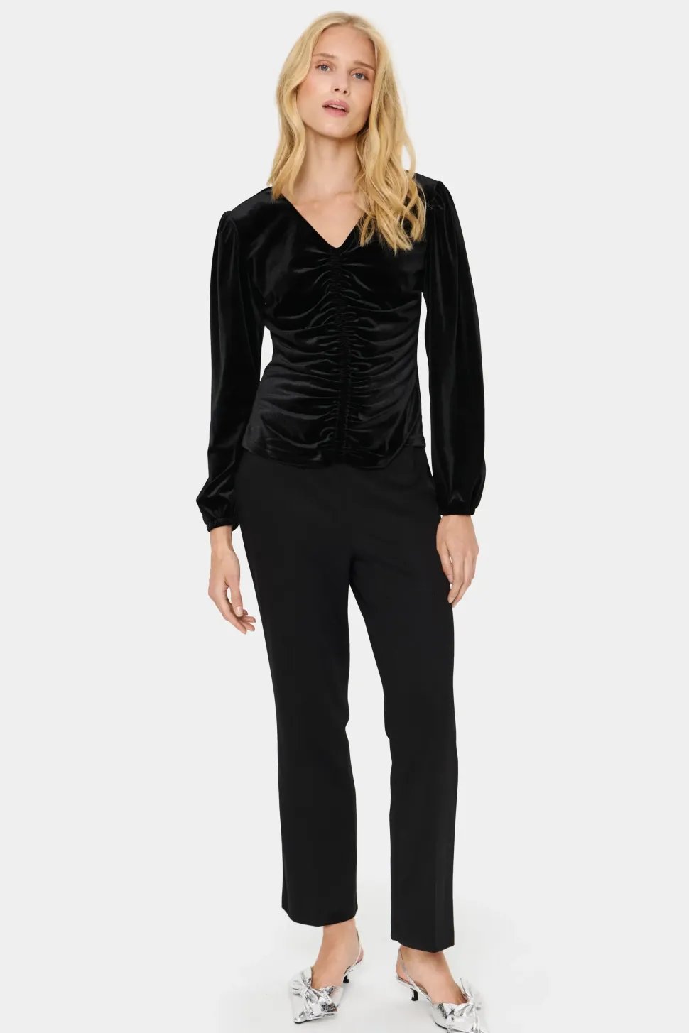 HebaSZ Velvet V-neck Ruchings Blouse-