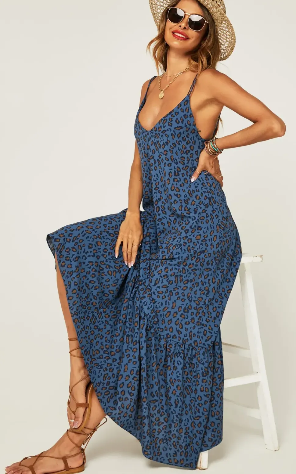 Hem Detail Slip Dress In Navy Leopard Print