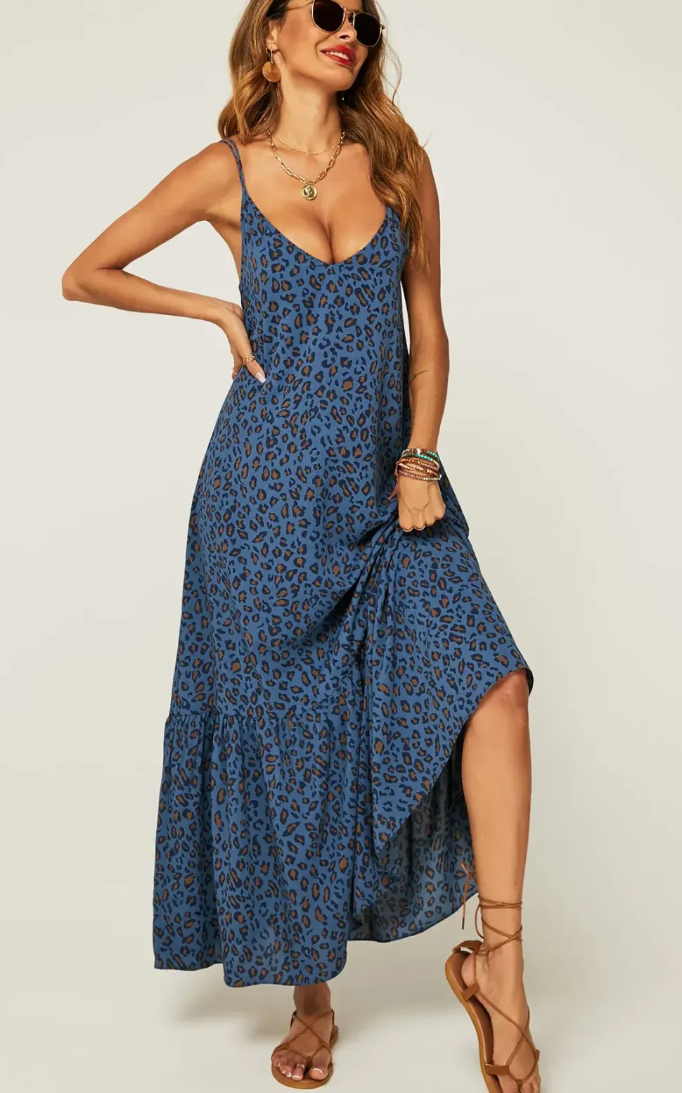Hem Detail Slip Dress In Navy Leopard Print