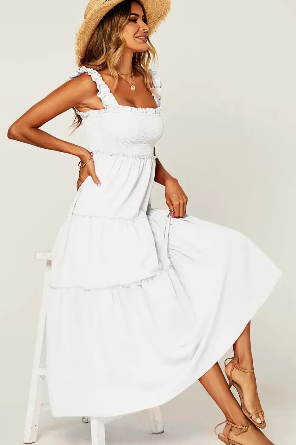 Hem Detail Tiered Maxi Dress In Light Blue
