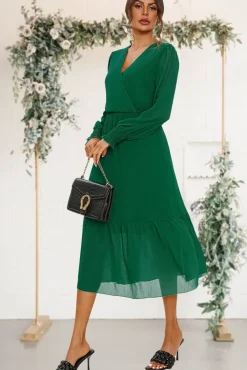 Hem Tiered Wrap Style Midi Dress In Green
