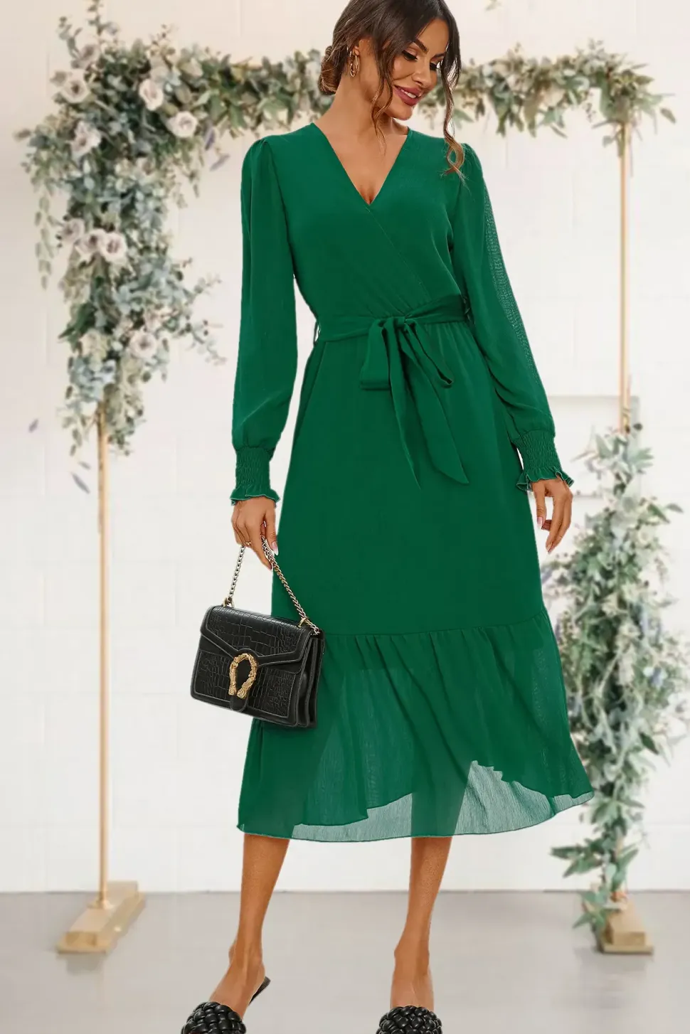 Hem Tiered Wrap Style Midi Dress In Green
