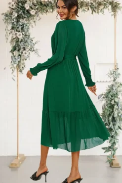 Hem Tiered Wrap Style Midi Dress In Green