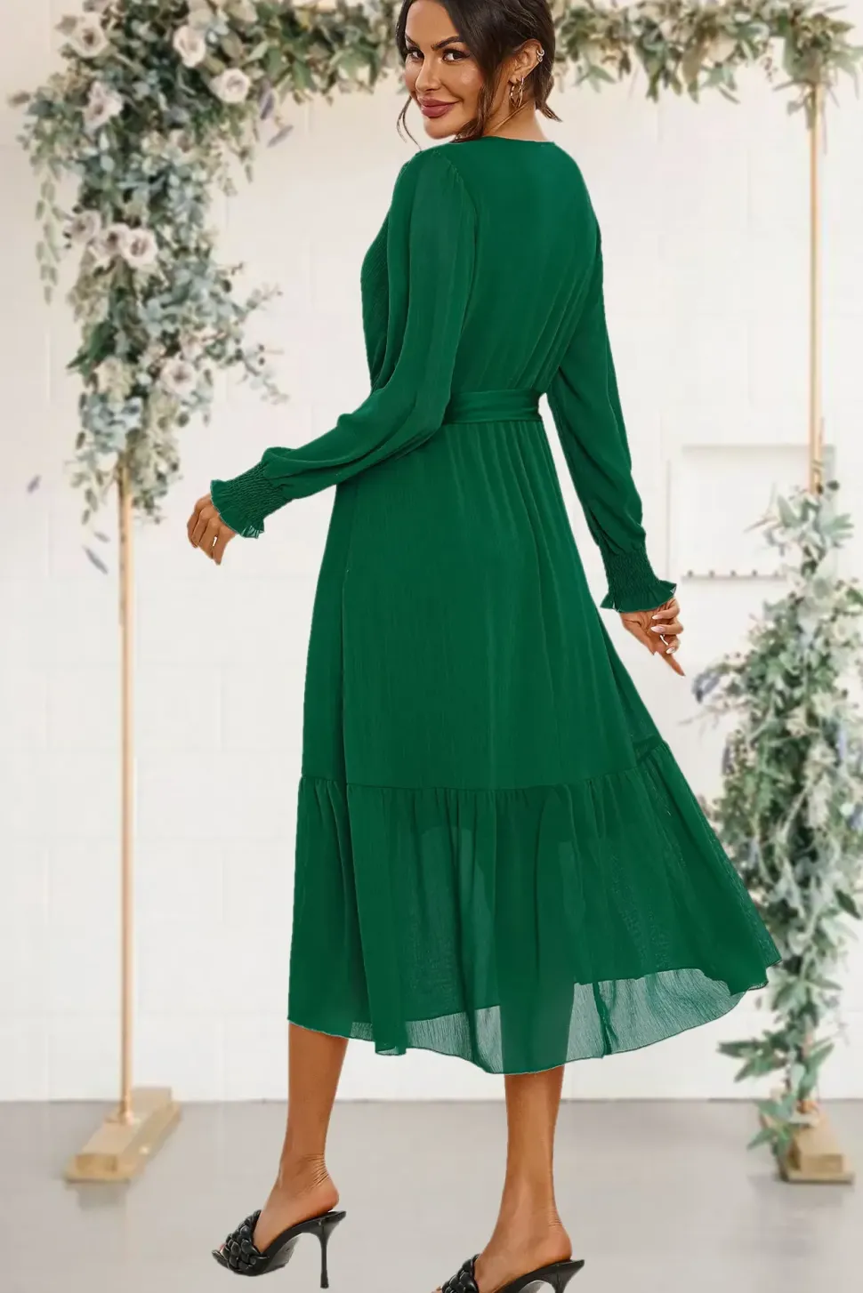 Hem Tiered Wrap Style Midi Dress In Green