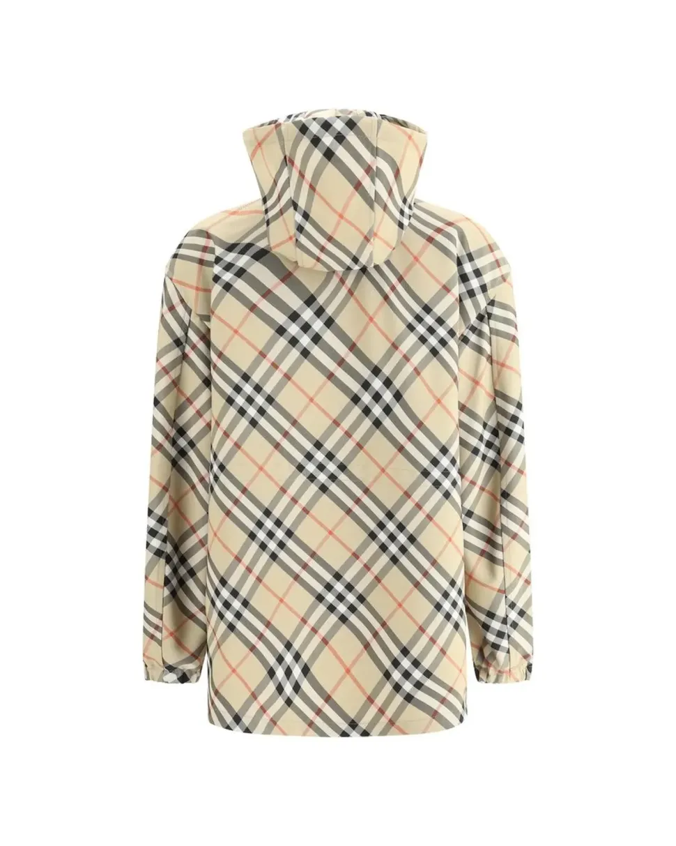 High Collar Jacket with Adjustable Drawstring Hood and Archive Check