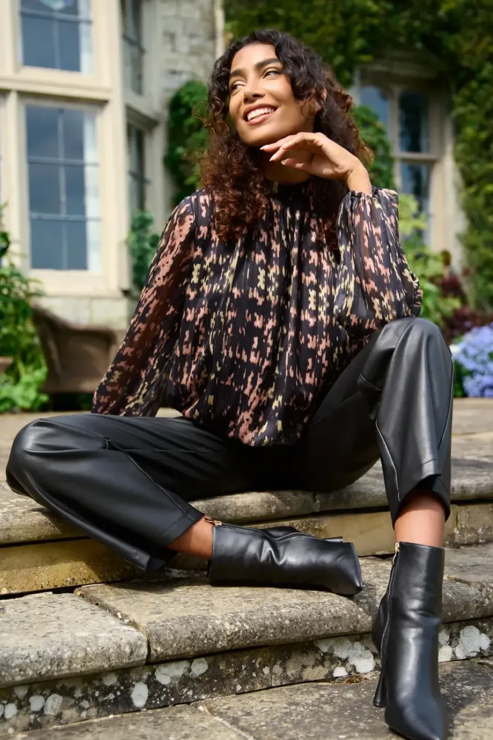 High Neck Abstract Cuff Sleeve Blouse