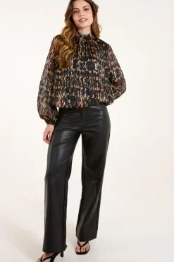 High Neck Abstract Cuff Sleeve Blouse