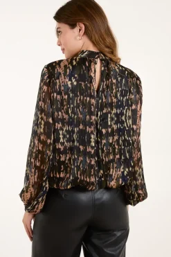 High Neck Abstract Cuff Sleeve Blouse