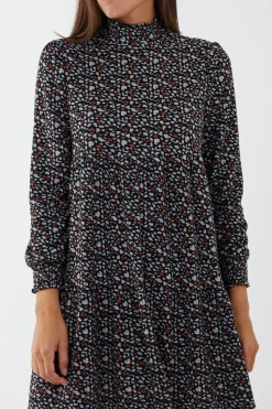 High Neck Abstract Print Smock Dress